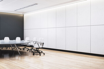 Poster - Modern corporate meeting room interior with blank white wall and stylish conference chairs on wooden floor, ideal for poster or logo mockup template. 3D Rendering