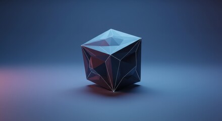 Poster - Low Poly 3D Render of a Dark Geometric Cube with Neon Lighting Effects, Abstract Digital Art