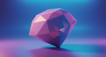 Poster - Low-Poly Pink Diamond Gemstone on a Purple and Blue Background: 3D Rendered Jewel