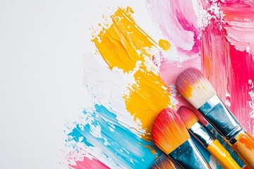 Poster - A painting with a brush and a palette of colors. The brush strokes are colorful and the palette is full of different shades. The painting seems to be a work of art, with a sense of creativity