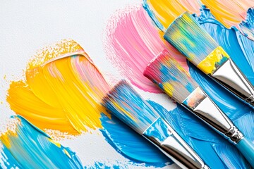 Poster - A row of paintbrushes with different colors of paint on a white background. The colors are yellow, pink, blue, and green. The brush strokes are visible, creating a sense of movement and energy