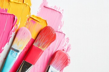 Poster - A row of paintbrushes with different colors of paint on a white background. Concept of creativity and artistic expression