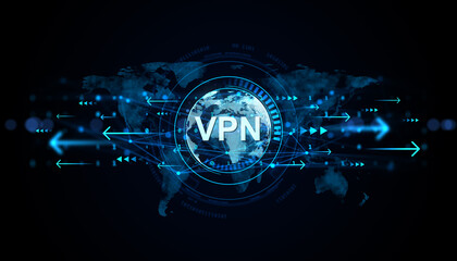 Fototapete - Futuristic VPN digital interface with neon blue arrows over global world map on dark background symbolizing secure virtual network connection. 3D Rendering