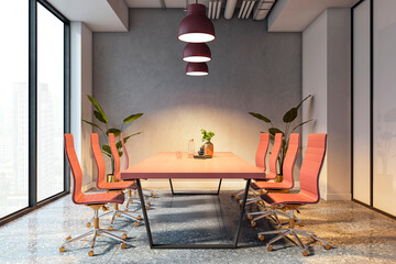 Poster - Modern office meeting room with red chairs, concrete wall, large windows and pendant lights in a stylish business interior setting. 3D Rendering