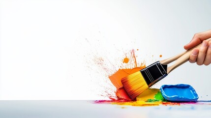 Poster - A person is holding a paintbrush and painting a colorful scene. Concept of creativity and artistic expression