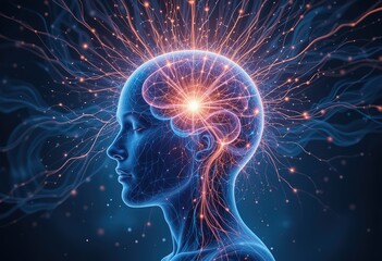 Poster - Human head illustration with glowing energy streams. Concept for alpha waves, mental healing, pain relief, stress management, emotional, physical balance of body and spirit