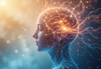 Poster - Human head illustration with glowing energy streams. Concept for alpha waves, mental healing, pain relief, stress management, emotional, physical balance of body and spirit