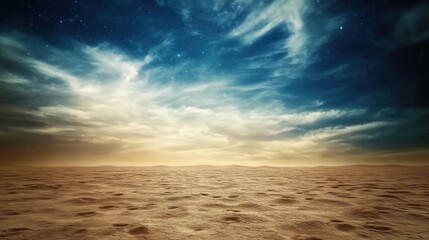 Wall Mural - a vast desert landscape with dry sand and a stunning sky filled with clouds at sunset.