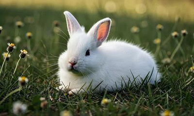 resting white rabbit sitting calmly in a field of flowers