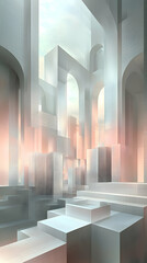 Fototapete - Abstract Cityscape: Geometric White Structures and Pastel Hues