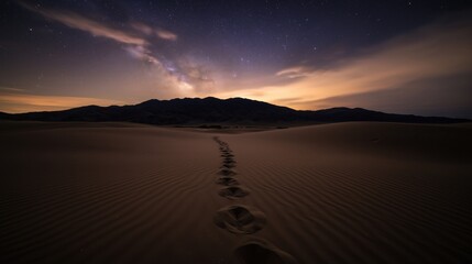 Wall Mural - a serene desert landscape at night with footprints leading towards distant mountains under a starry 