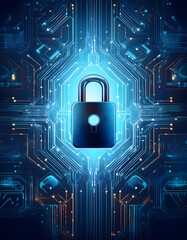 Poster - A digital lock symbol on a circuit board background, representing cybersecurity and data protection in a vibrant blue color scheme