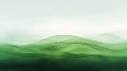 Wall Mural - a solitary figure standing on rolling green hills under a soft, misty sky.