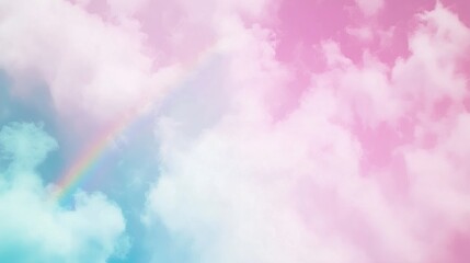Wall Mural - a vibrant rainbow arching across fluffy pink and blue clouds in a serene sky.
