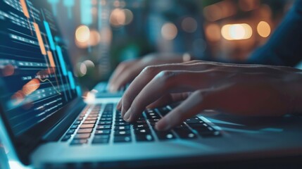 Businessman using laptop keyboard at desktop with digital analysis graph trade. AI generated