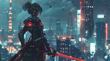 3d rendering beautiful cyborg samurai girl stands with holding a sword against future city night.