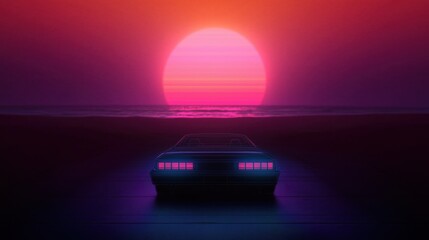 Wall Mural - A vintage car parked on the beach with a vibrant sunset in the background.