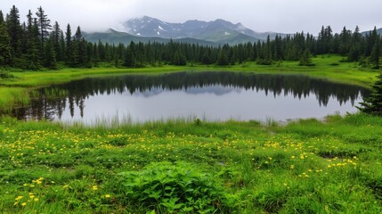 Wall Mural - a tranquil lake surrounded by lush greenery and mountains under a cloudy sky.