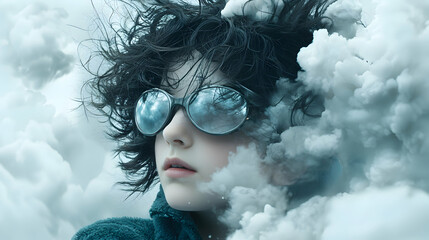 Poster - Surreal Portrait of a Girl Emerging from Clouds