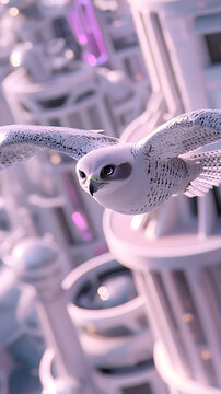 White Falcon Soaring Above a Futuristic Purple City