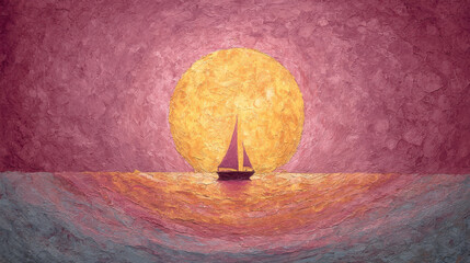 Wall Mural - a stylized painting of a sailboat floating under a glowing amber moon, sea reflecting coral and gold
