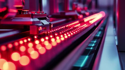 Poster - Closeup view of automated production line illuminated by red lights in a modern facility, Closeup of an automated production line with glowing red componentsing on a conveyor belt
