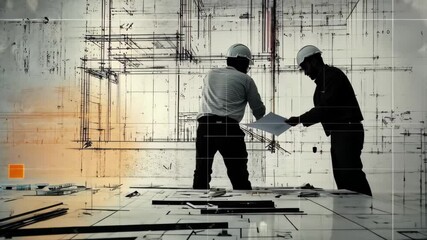 Poster - Engineers and architects collaborate on innovative building design in studio workspace, An engineer and an architect working on the design of a house at a construction site