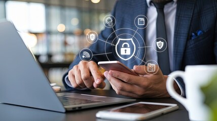 Poster - Digital Security: A professional, with a laptop and smartphone, navigates the digital landscape, the glowing icons symbolize the commitment to protect the digital assets.