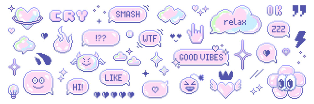 Pixel art speech bubble and element asset pack. Retro pastel aesthetics dialogue box and retro game style vector illustration. Y2k 8-bit pixelated icon set.