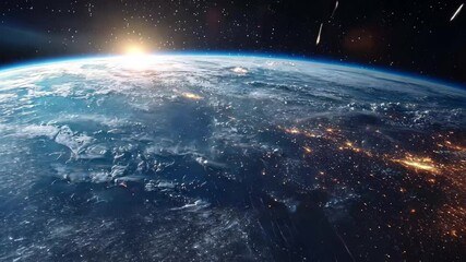 Poster - Earth illuminated by falling stars as seen from space at dawn, Earth view from space with falling stars video in background