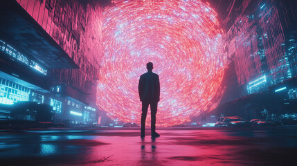 Poster - Silhouette of a person standing before a swirling vortex in a futuristic cityscape at night