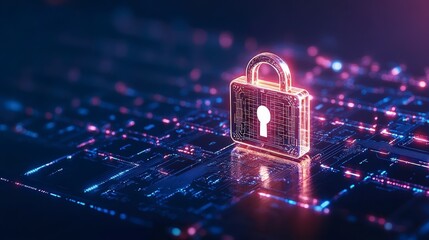 Poster - Digital lock symbolizing cybersecurity on a vibrant circuit board background.