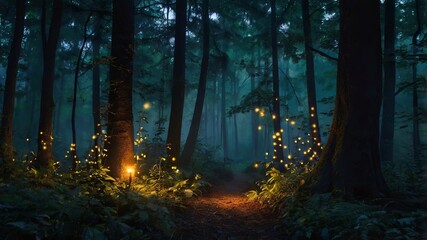 Aufkleber - digital artwork depicting a mystical forest scene at night features a dense arrangement of tall, gnarled trees with twisted branches, creating an eerie yet enchanting atmosphere