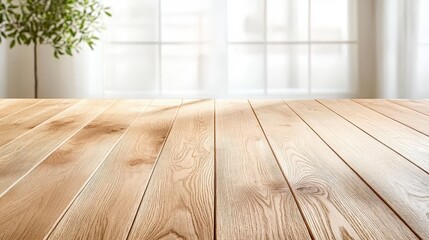 Poster - Wooden floor with natural texture, illuminated by sunlight through a large window.
