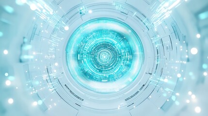 Poster - abstract circular design with intricate lines and glowing elements in a futuristic blue tone.