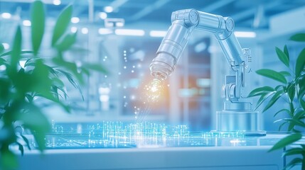 Poster - Robotic arm watering plants in a modern, high-tech environment with greenery and soft blue lighting.