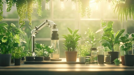 Poster - A vibrant indoor garden scene featuring various plants and a modern grow lamp.