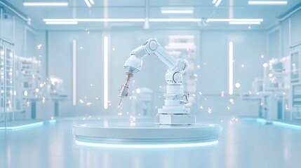 Poster - Futuristic robotic arm in a high-tech environment with a sleek design and glowing accents.