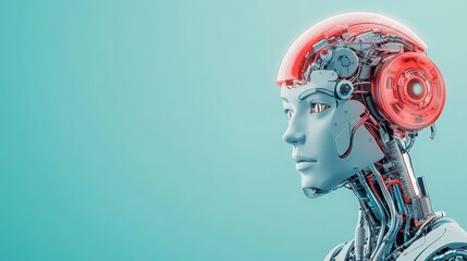 Poster - Futuristic robotic head with intricate circuitry and vibrant colors, showcasing advanced technology and design.