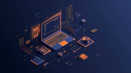 Poster - Digital workspace illustration showcasing a laptop and various tech elements in a modern design.