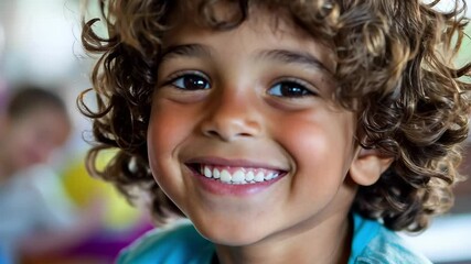 Poster - Young boy with curly hair smiles happily in a classroom filled with bright colors and cheerful learning atmosphere, A young boy with curly hair smiles happily in a classroom setting