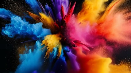 Poster - Dynamic vibrant explosion of multicolored powder against dark backdrop, artistic composition of colors, abstract design with visual impact