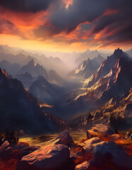 Poster - A dramatic mountain landscape at sunset, featuring vibrant colors and deep shadows, showcasing the beauty of nature