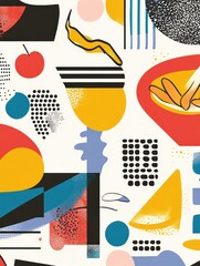 Fototapete - Memphis-style pop-art background with vibrant food shapes and geometric patterns showcasing a contemporary design inspiration