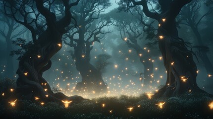 Aufkleber - digital artwork depicting a mystical forest scene at night features a dense arrangement of tall, gnarled trees with twisted branches, creating an eerie yet enchanting atmosphere