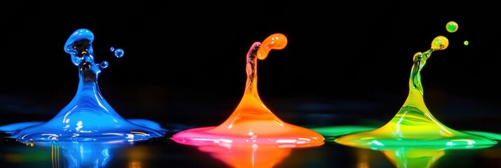 Fototapete - Floating gasoline droplets captured in vibrant neon colors against a dark background using high-speed photography techniques