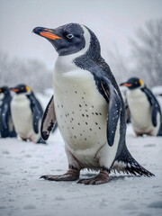 Wall Mural - Penguin in a snowy winter scene, coloring book style.