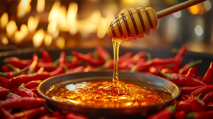 Poster - Spicy honey recipe hot chili infused honey dripping honey dipper gourmet food condiment delicious sweet heat
