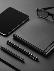 Poster - Minimalist desk setup featuring notebook, smartphone, and pen in soft lighting for a productive workspace