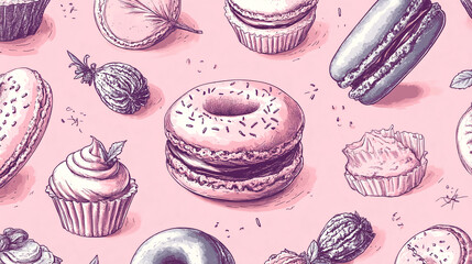 Poster - Delicious desserts sketch pattern background with macarons cupcakes and donuts illustration sweets design 100